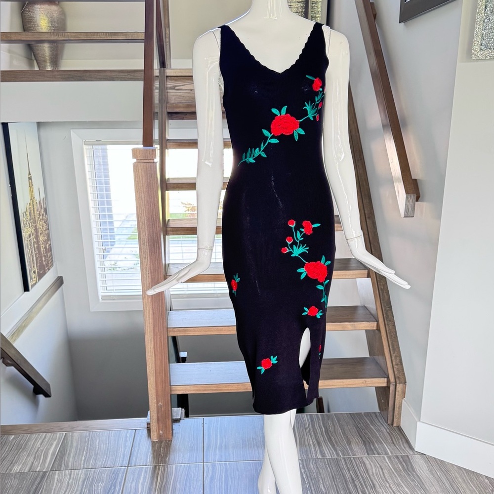 NWOT 🖤❤️ Black Sweater Knit Midi Dress with Floral Accents - Picture 3 of 17